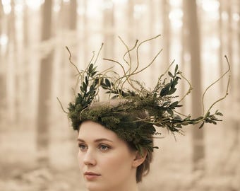 Woodland Twig Crown: Natural Moss & Dried Leaf Headpiece