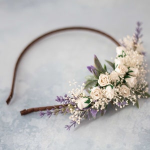 Lavender flower headband for wedding, dainty floral crown for bride or bridesmaids, flower girl headpiece, lavender off white hair band