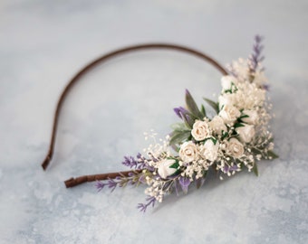 Lavender flower headband for wedding, dainty floral crown for bride or bridesmaids, flower girl headpiece, lavender off white hair band