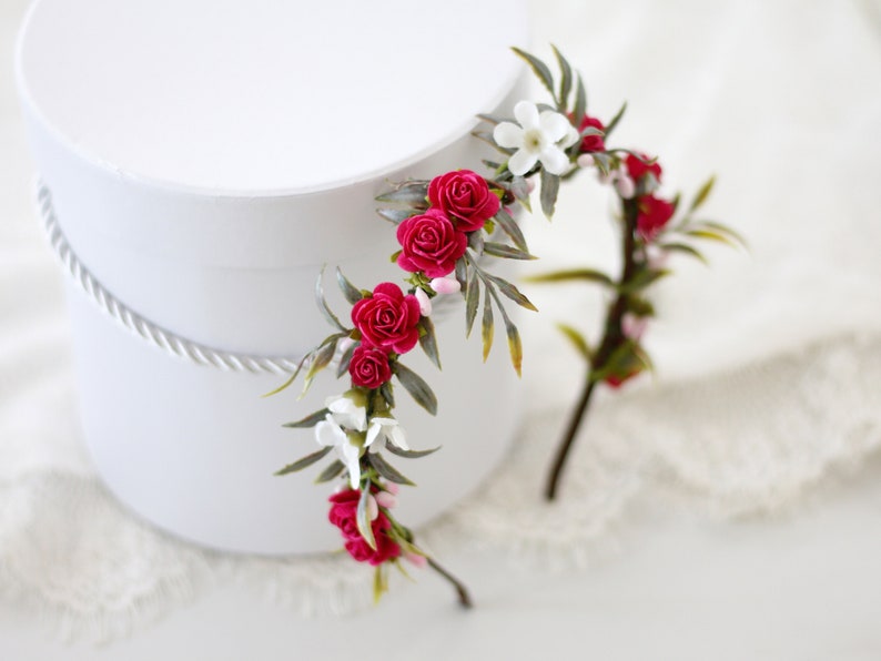 boho bride crown rustic bridal crown flower hair accessories Fuchsia flower crown wedding country floral headband