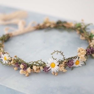 Meadow flower crown, dried flower crown for wedding, daisy floral crown, wildflower headband, dainty flower headband, flower girl halo image 1