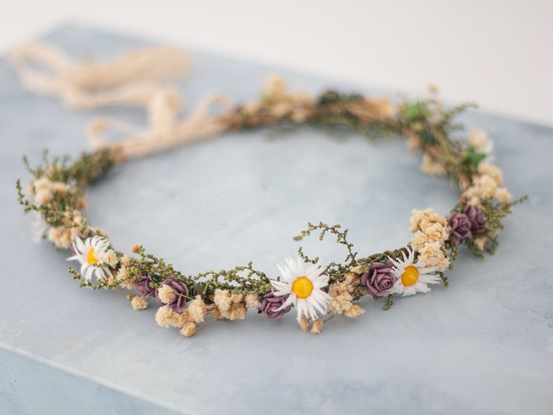 Meadow flower crown, dried flower crown for wedding, daisy floral crown, wildflower headband, dainty flower headband, flower girl halo image 1