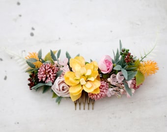 Yellow flower hair comb, wedding floral comb, rustic flower hair clip, bridal flower hair piece, boho bride bridesmaid hair accessories