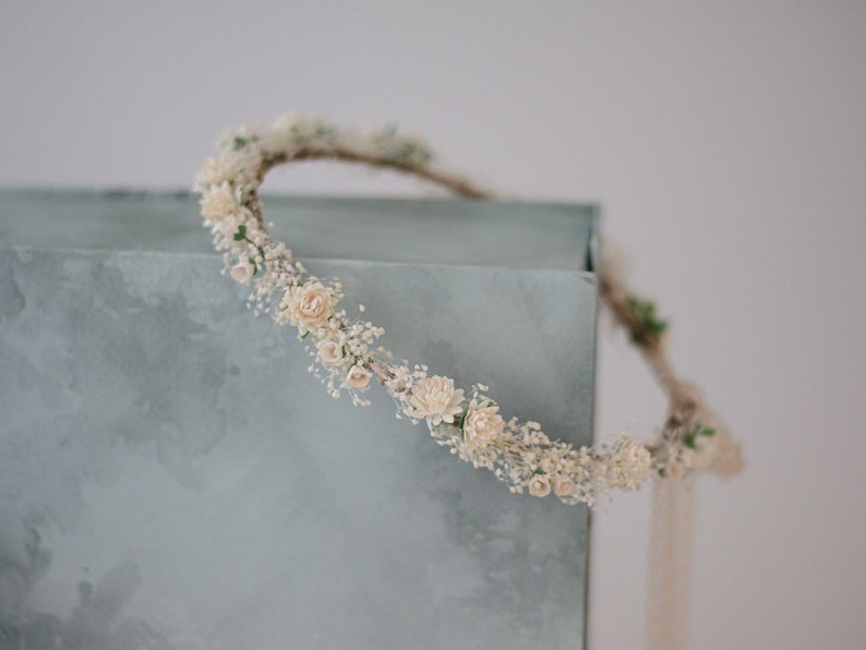 Dried baby's breath flower crown wedding, ivory hair wreath, babies breath headband, dainty hair piece, bride bridesmaids flower girl halo image 7