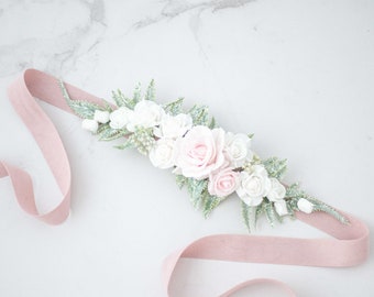 White blush flower belt for wedding dress, flower sash for baby shower, flower belt for pregnancy, flower girl belt and flower crown