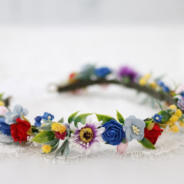 Colorful flower crown for wedding, bohemian hair crown, colorful flower girl hairpiece, dainty flower crown