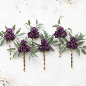 Deep purple flower hair pins, small rose clips, wedding hair clip, rose bobby pins, flower girl head piece, bridal comb, bridesmaid hair pin