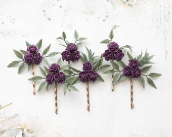 Deep purple flower hair pins, small rose clips, wedding hair clip, rose bobby pins, flower girl head piece, bridal comb, bridesmaid hair pin