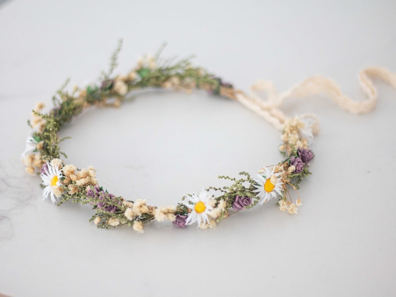 Meadow flower crown, dried flower crown for wedding, daisy floral crown, wildflower headband, dainty flower headband, flower girl halo image 3