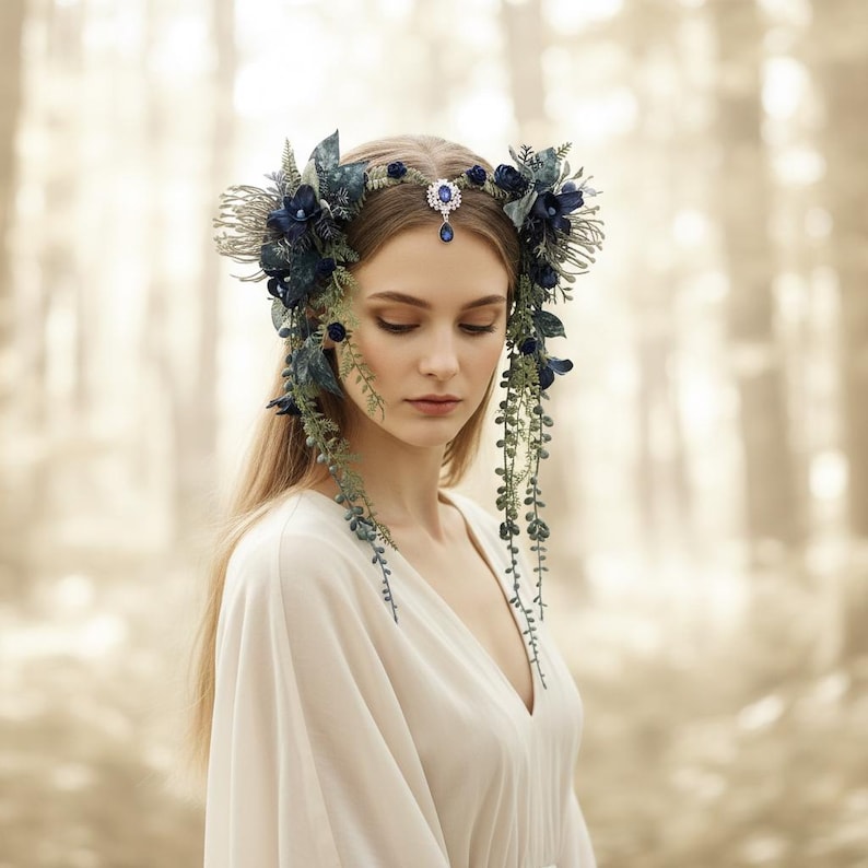 Pode incluir: Uma mulher usando uma grinalda floral com flores azul-escuras, folhas verdes e uma joia central. A grinalda &eacute; colocada em um fundo desfocado de floresta. Ela est&aacute; vestindo um vestido branco com decote em V.