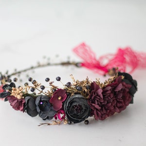 Gold black burgundy flower crown, dark flower headband, black flower halo image 1