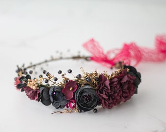 Gold black burgundy flower crown, dark flower headband, black flower halo