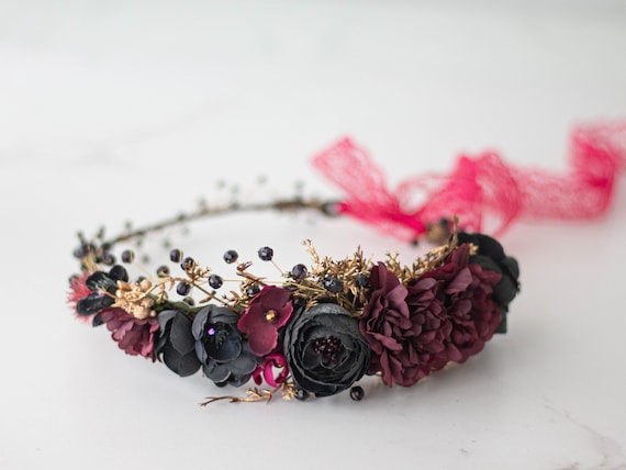 Gold Black Burgundy Flower Crown, Dark Flower Headband, Black Flower Halo -  Etsy