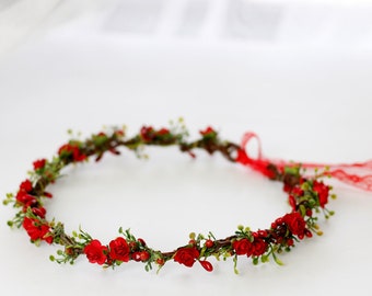 Dainty flower crown red, rustic wedding crown, bridal hair crown, flower halo