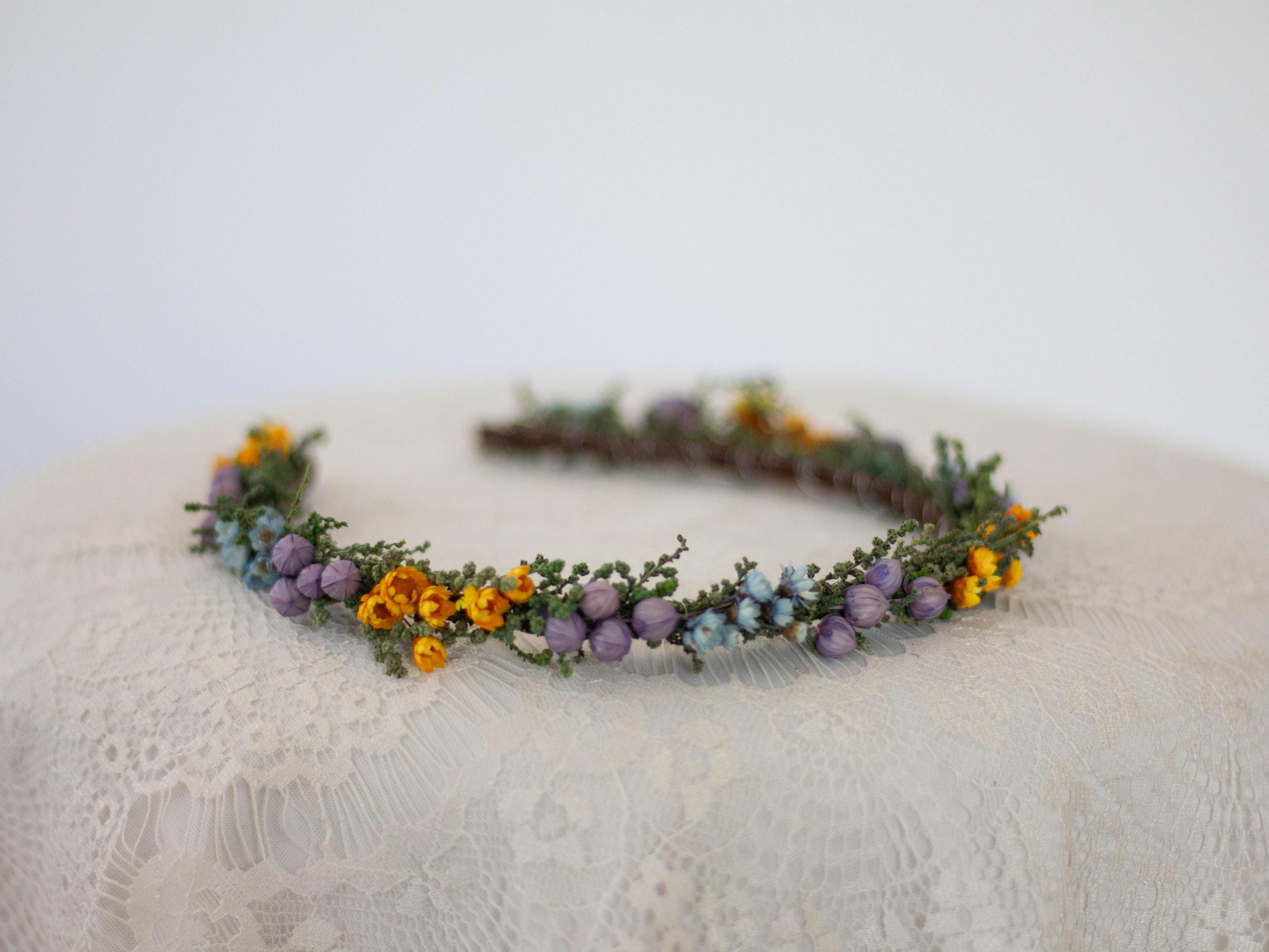 Dried flower headband for rustic wedding, real preserved floral hairband for bride, summer bridal hair accessories, colorful hair crown