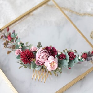 Burgundy half flower crown for wedding, burgundy dusty rose bridal comb, deep red blush flower hair comb, rustic floral headpiece