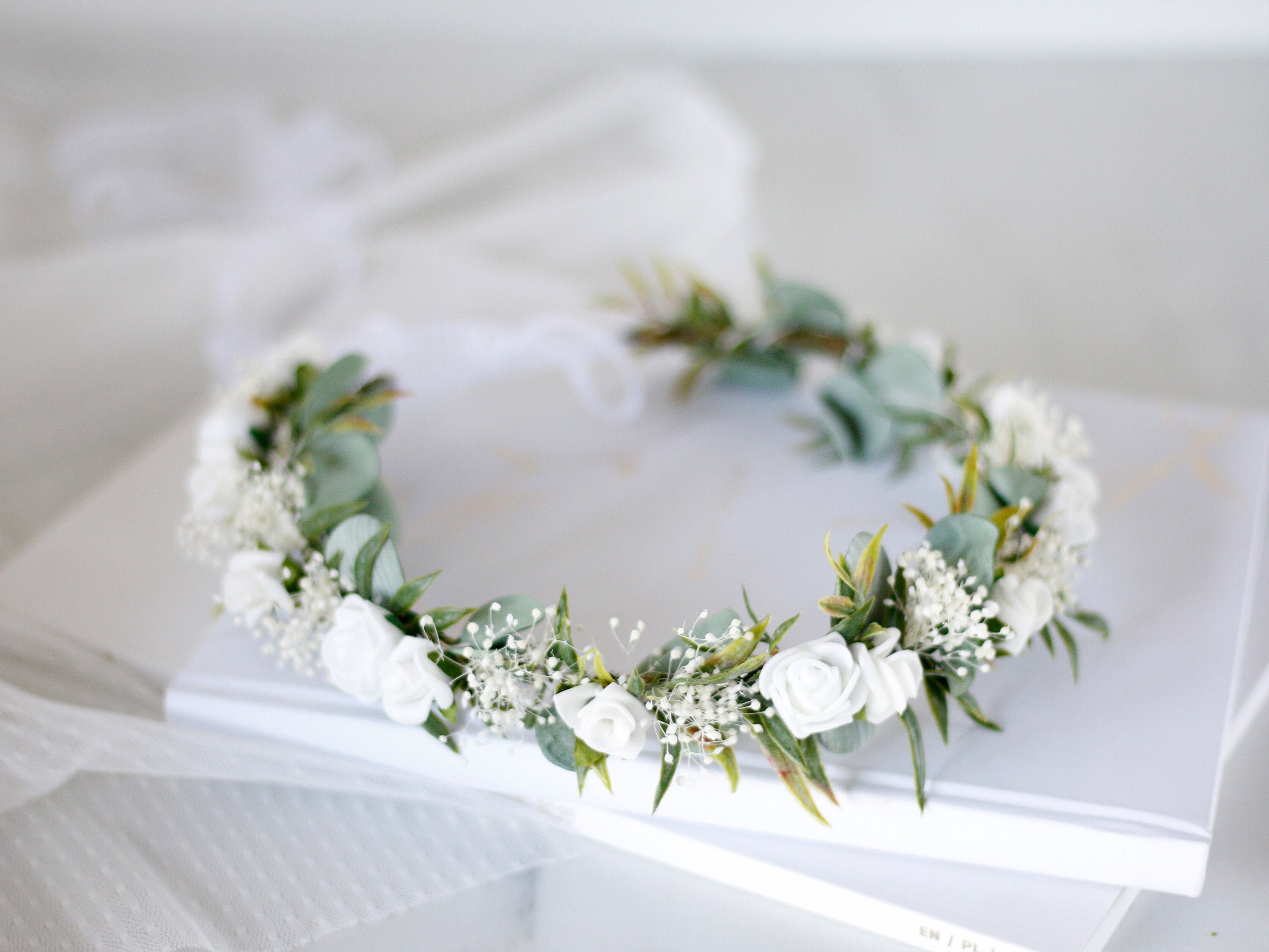 White flower crown wedding, baby's breath eucalyptus flower crown…