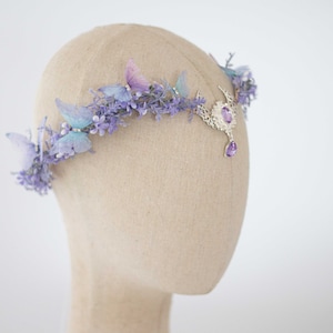 Moon tiara, butterfly flower crown, crescent moon headband, purple elven circlet, dainty flower halo, fairy headress costume, witch crown image 5