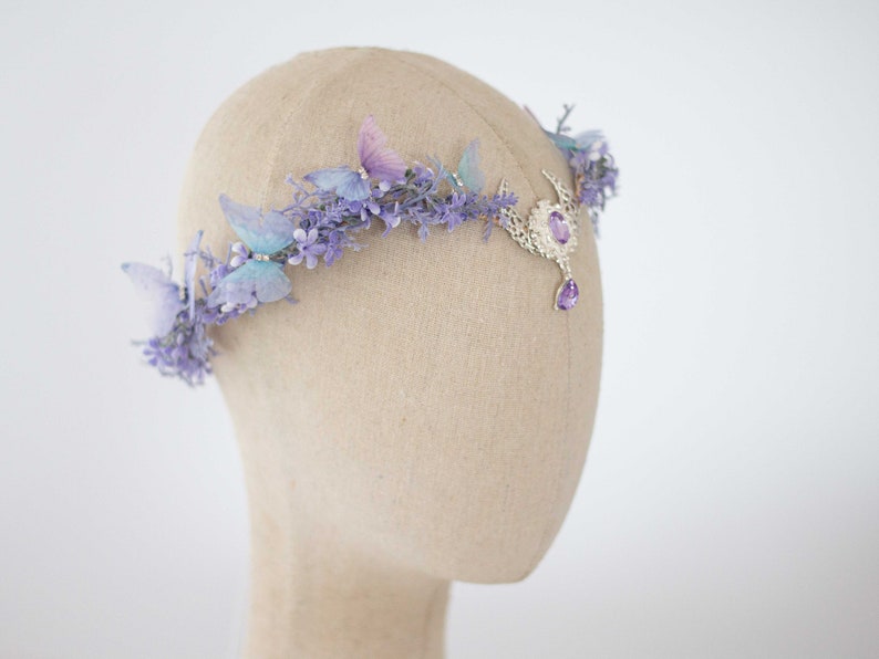 Moon tiara, butterfly flower crown, crescent moon headband, purple elven circlet, dainty flower halo, fairy headress costume, witch crown image 5