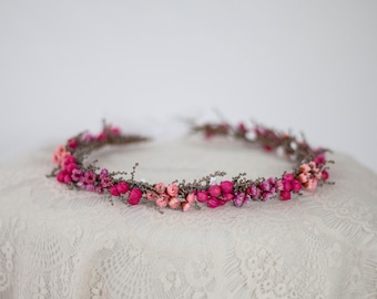 Fuchsia Dried Floral Crown: Real Flower Hair Wreath for Bohemian Wedding