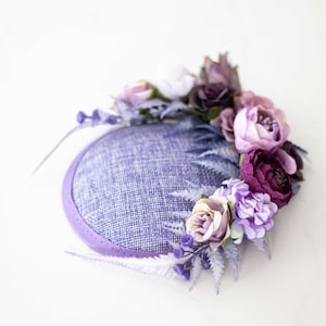 Lavender fascinator hats for women derby, royal ascot hat, wedding guest floral headpiece, tea party purple head piece, women&#39;s fascinator