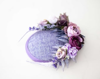 Lavender fascinator hats for women derby, royal ascot hat, wedding guest floral headpiece, tea party purple head piece, women's fascinator