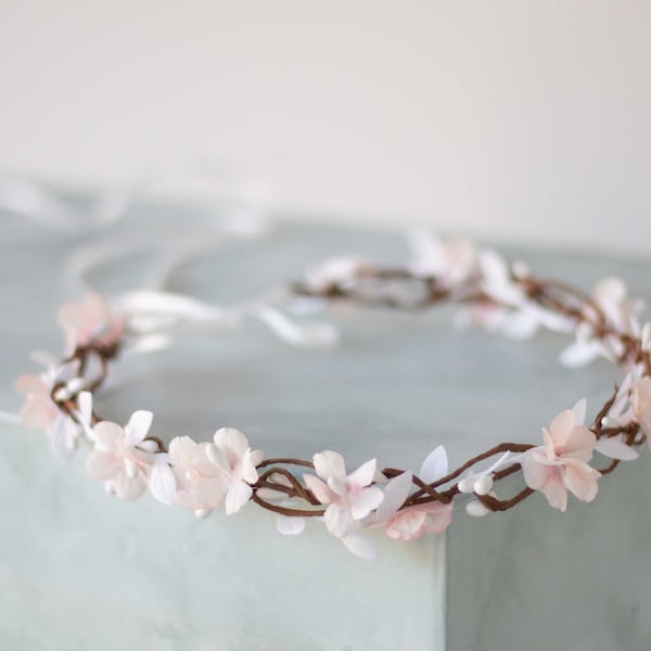 Blush white flower crown wedding, thin floral headband, dainty flower crown,  rustic hair wreath, bridal boho crown, bohemian floral crown