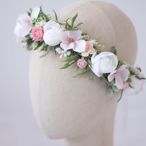Blush white flower crown wedding, boho hair piece, blush hair wreath, bridal rustic crown, wild bohemian bride bridesmaid flower girl halo