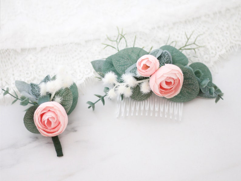 boutonniere and comb set of 2 Blush peony flower comb with eucalyptus leaves for wedding
