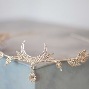 Crescent moon crown, moon head band, silver leaf tiara, elven hairpiece, fairy headpiece, fantasy crown, fae hair piece, celestial headdress image 4