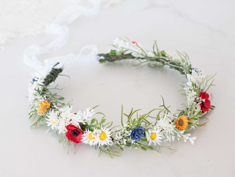 Poppy daisy flower crown wedding, baby's breath headband, dainty flower crown bridal shower, chamomile headpiece, bride flower girl halo image 4