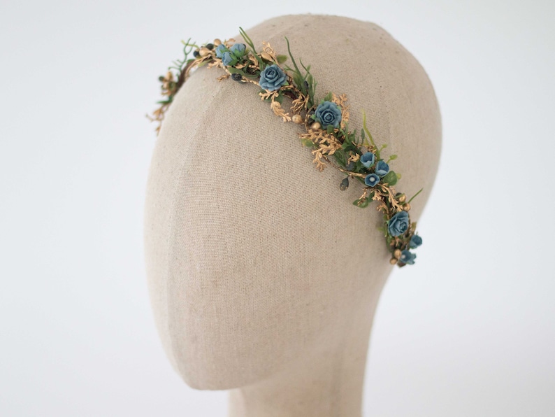 Blue gold flower headband, asymmetric floral crown, dainty flower headpiece, baby shower headpiece, hair wreath woman, golden headpiece image 3