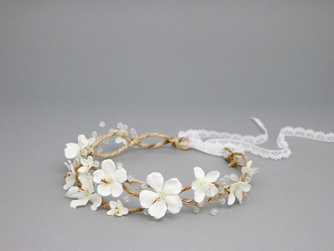 White Flower Crown Beads Flower Crown Crystal Wedding Flower Etsy