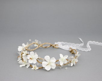 White Flower Crown, Beads Flower Crown, Crystal Wedding Flower Crown, Rosa Flower Headband, Bridal Flower Crown, Flower Wedding Crown, Halo