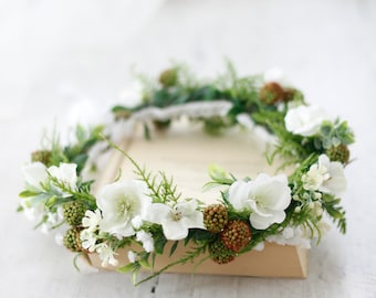 Greenery flower crown, flower wreath with green raspberries, floral crown adult, greenery bridal crown