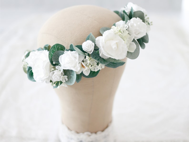white rose flower crown White flower crown wedding silver dollar eucalyptus flower crown wedding floral crown