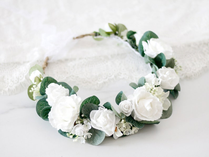 white rose flower crown White flower crown wedding silver dollar eucalyptus flower crown wedding floral crown