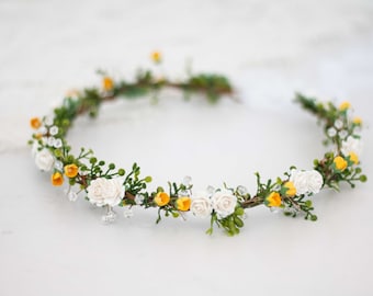 Yellow white flower crown wedding, dainty hair wreath, boho bride crown, floral head wreath, white bridal hair wreath