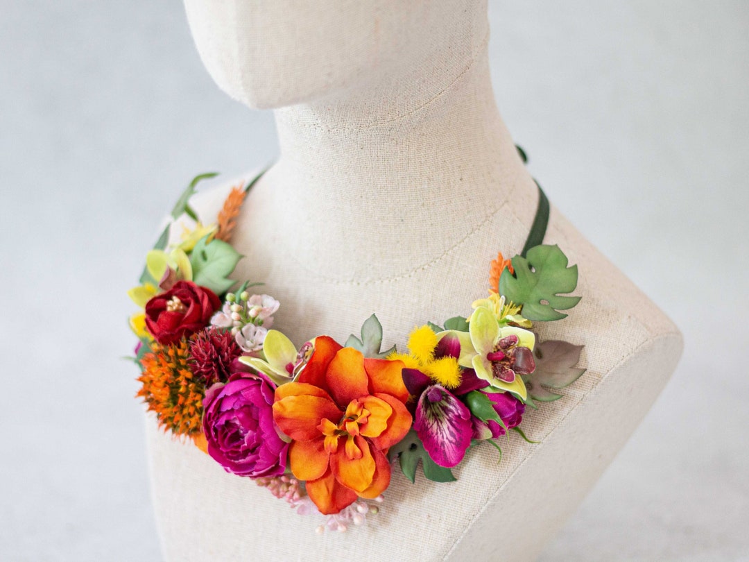 Tropical Flower Necklace, Vibrant Color Statement Necklace, Chunky ...