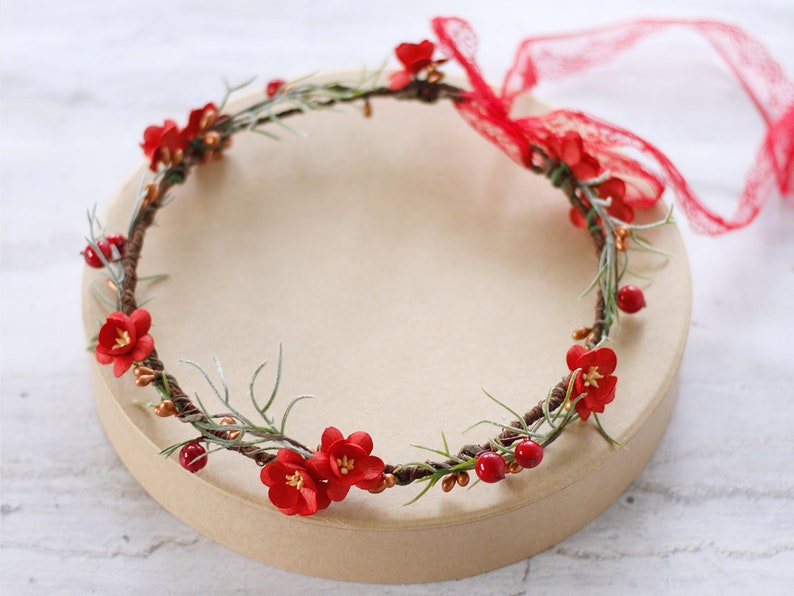 delicate flower headband bridesmaid floral crown Red flower crown bridal dainty wedding crown