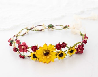 Sunflower flower crown, sunflower bridal headpiece, yellow red burgundy flower crown, flower girl crown, sunflower halo