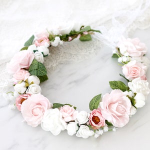 Blush rose flower crown wedding, boho bride crown, rustic floral headband bride, rose hair crown