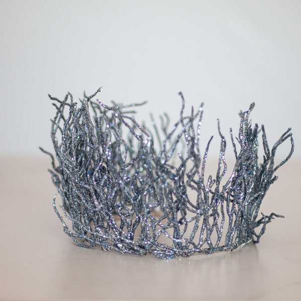 Dark glitter crown, shiny twig crown, glitter halo headpiece, festival headband, gray twig headband, winter queen crown, ice queen