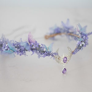 Moon tiara, butterfly flower crown, crescent moon headband, purple elven circlet, dainty flower halo, fairy headress costume, witch crown image 7