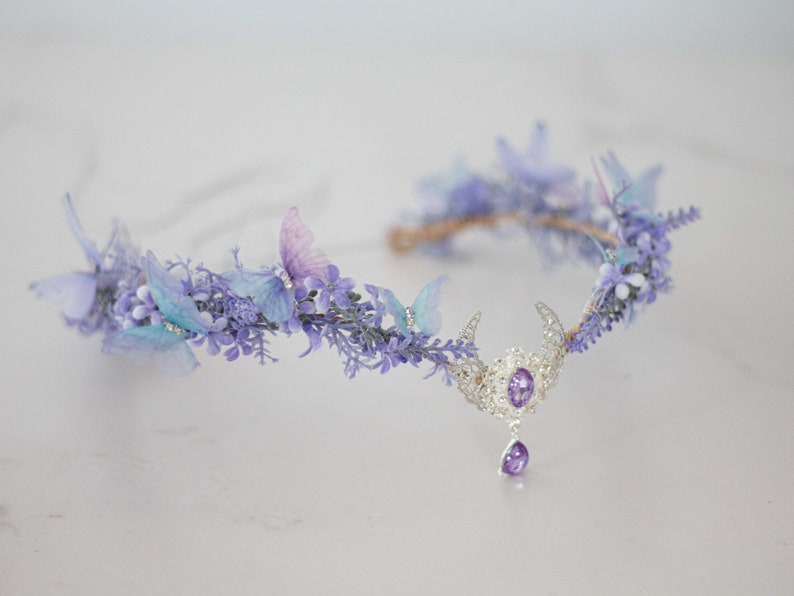 Moon tiara, butterfly flower crown, crescent moon headband, purple elven circlet, dainty flower halo, fairy headress costume, witch crown image 7