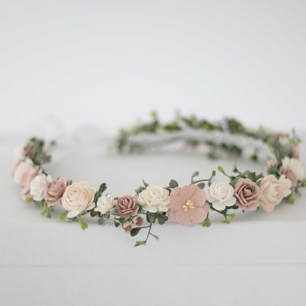 Dusty rose flower crown wedding, dainty hair wreath, delicate floral headband, bride headpiece, blush white flower garland, flower girl halo