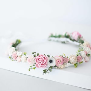 Pink white rose flower crown, baby&#39;s breath headband, rustic wedding headpiece, romantic hair wreath, bridal hairband, flower girl halo