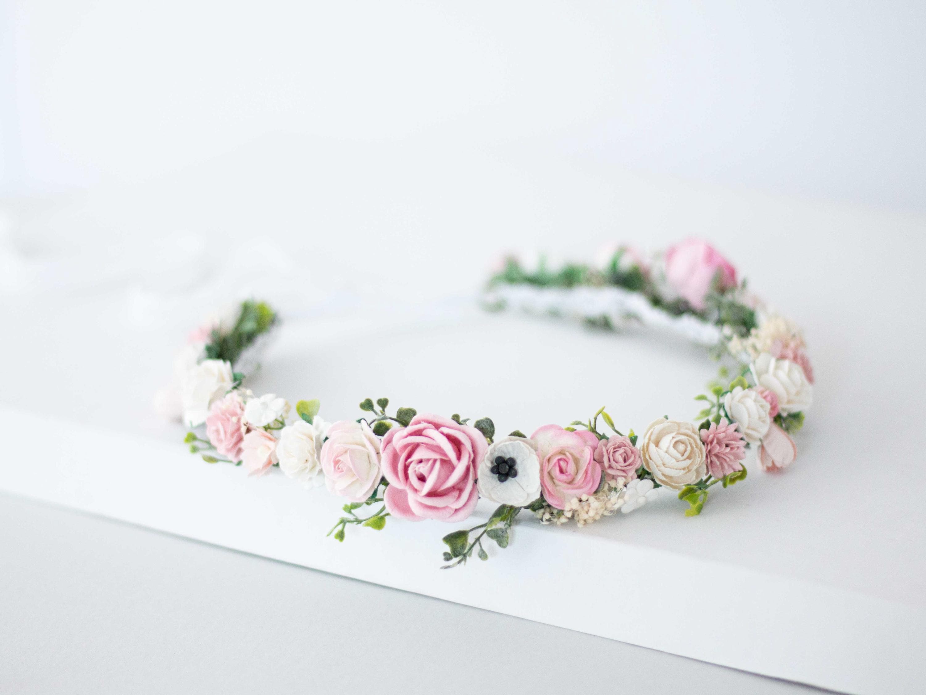 Pink white rose flower crown, baby's breath headband, rustic wedding headpiece, romantic hair wreath, bridal hairband, flower girl halo