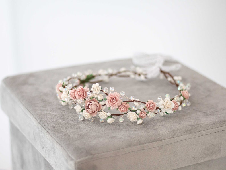 Dusty rose flower crown wedding, crystal hair wreath, dainty flower headband, bride bridesmaid flower girl halo, fine floral headpiece image 8