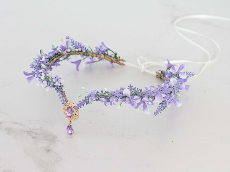 Lavender flower crown, light purple elven tiara wedding, lavender purple elf diadem for bride bridesmaids, fairy flower crown, flower halo image 8